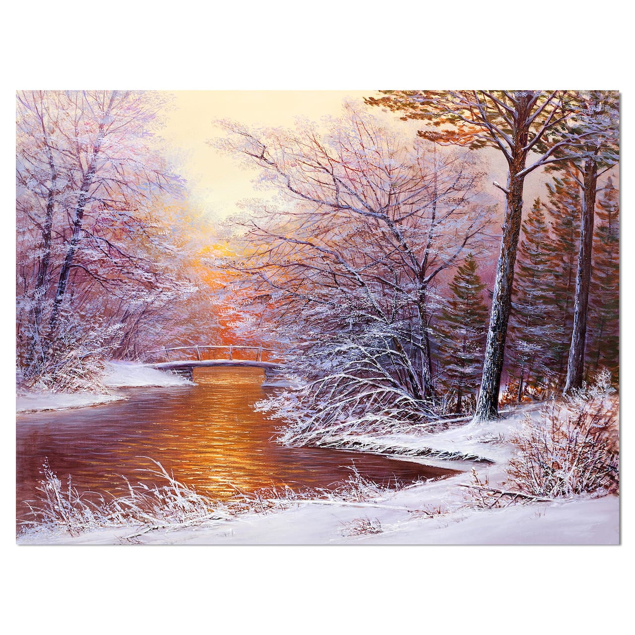 Designart - Winter Landscape with River - Landscapes Painting Print on Wrapped Canvas